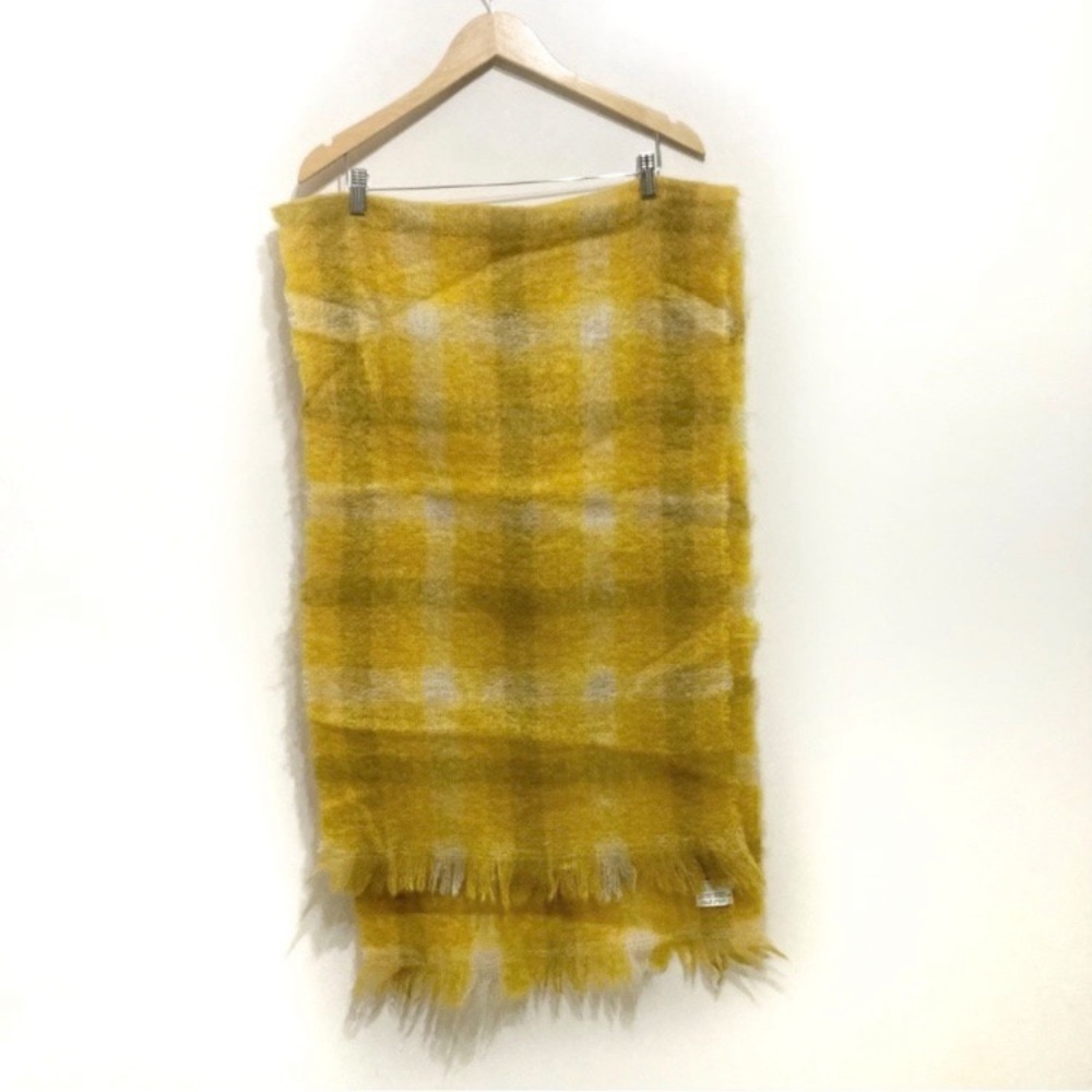 Vintage 80s Hudson’s Bay Wool Mohair Tartan Scarf Fringe Mustard Yellow Scotland